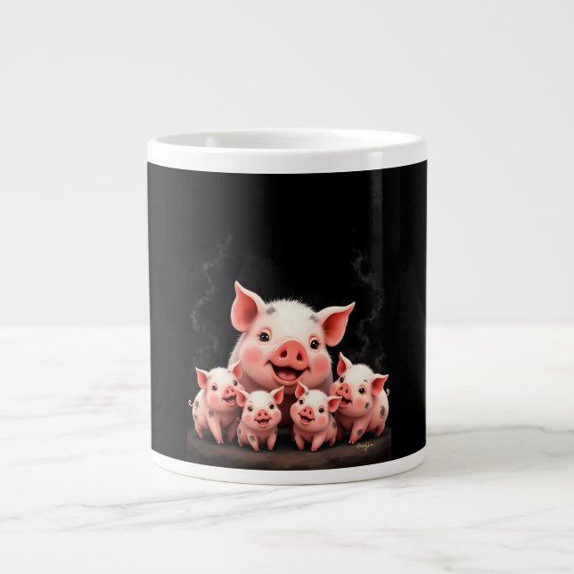 Pig Artwork – Mother Pig & Piglets Large Coffee Mug (Front)