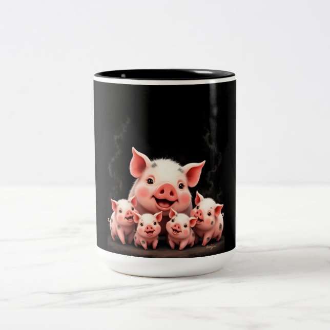 Pig Artwork – Mother Pig & Piglets Two-Tone Coffee Mug (Center)