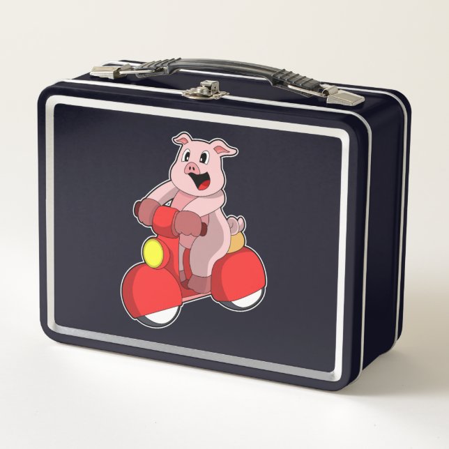 Pig as Biker with Scooter Metal Lunch Box (Front)