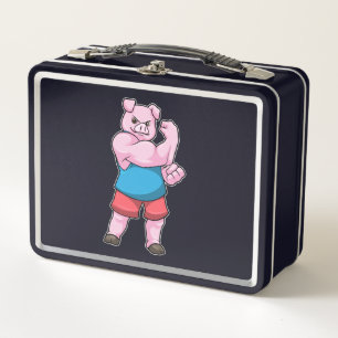 Pig as Bodybuilder with big Upper arm Metal Lunch Box