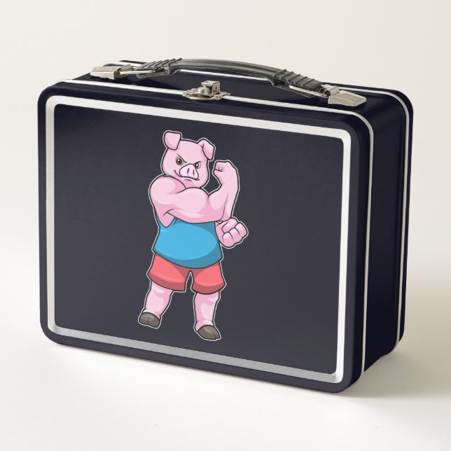 Pig as Bodybuilder with big Upper arm Metal Lunch Box (Front)