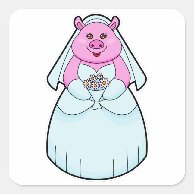 Pig as Bride with Veil Square Sticker (Front)