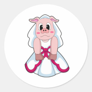Pig as Bride with Wedding dress Classic Round Sticker