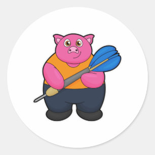 Pig as Dart player with Darts Classic Round Sticker