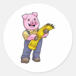 Pig as Farmer with Straw Classic Round Sticker