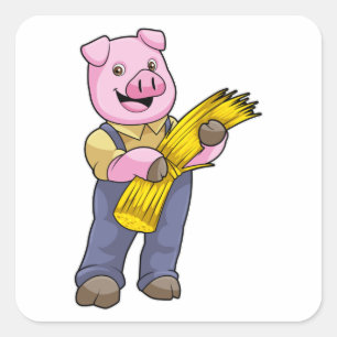 Pig as Farmer with Straw Square Sticker