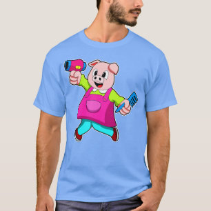 Pig as Hairdresser with Hair dryer Comb T-Shirt