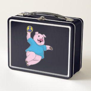 Pig as Handball player with Handball Metal Lunch Box