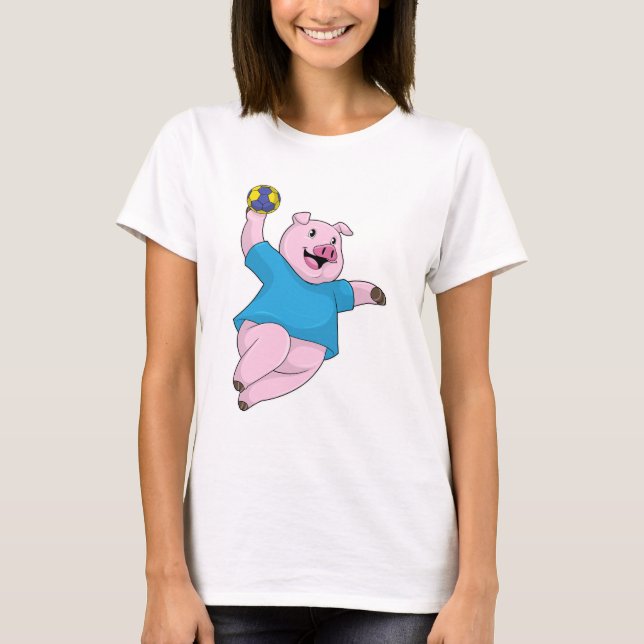 Pig as Handball player with Handball T-Shirt (Front)