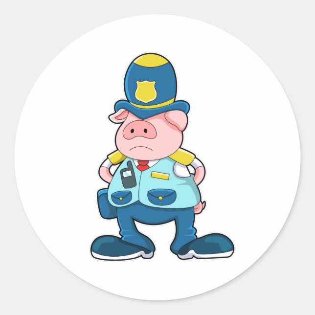 Pig as Police officer with Police Uniform & Hat Classic Round Sticker (Front)
