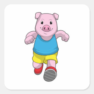 Pig as Runner at Running Square Sticker