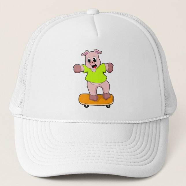 Pig as Skater on Skateboard Trucker Hat (Front)