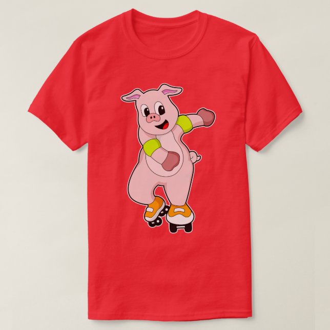 Pig as Skater with Inline skates 2 T-Shirt (Design Front)