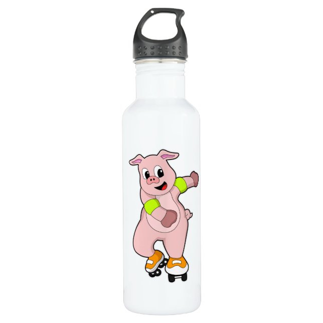 Pig as Skater with Inline skates 710 Ml Water Bottle (Front)