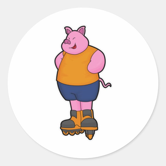 Pig as Skater with Inline skates Classic Round Sticker (Front)
