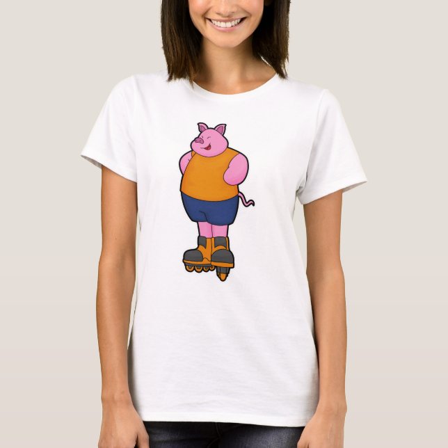 Pig as Skater with Inline skates T-Shirt (Front)