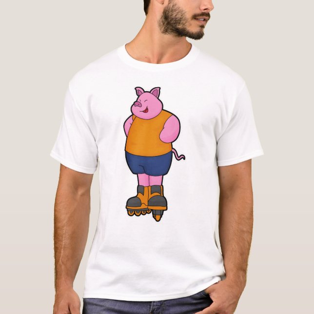 Pig as Skater with Inline skates T-Shirt (Front)