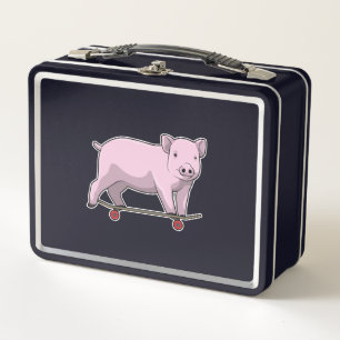 Pig as Skater with Skateboard Metal Lunch Box
