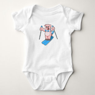 Pig as Skier with Ski Scarf & Ski poles Baby Bodysuit