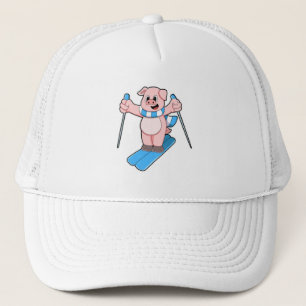 Pig as Skier with Ski Scarf & Ski poles Trucker Hat