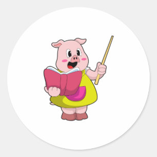 Pig as Teacher with Book Classic Round Sticker
