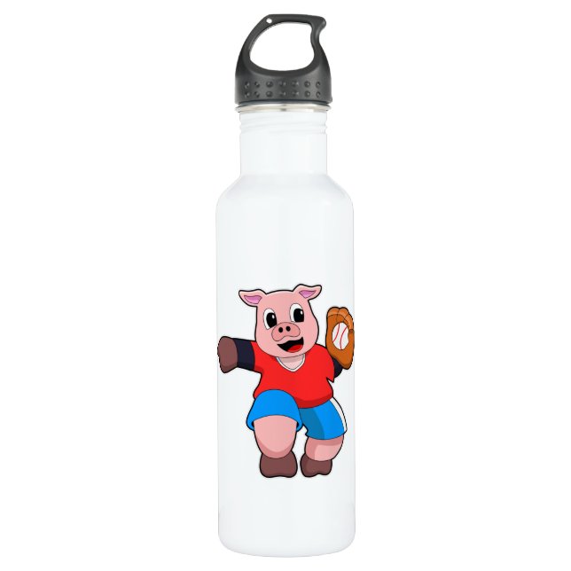 Pig at Baseball with Baseball glove 710 Ml Water Bottle (Front)