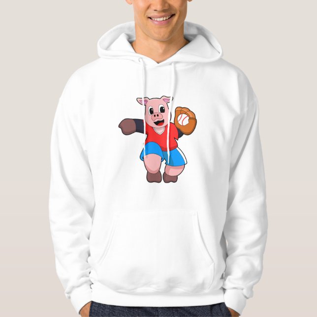 Pig at Baseball with Baseball glove Hoodie (Front)