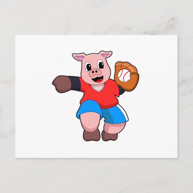 Pig at Baseball with Baseball glove Postcard (Front)