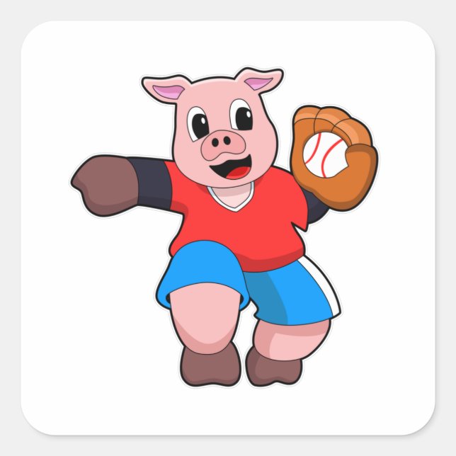 Pig at Baseball with Baseball glove Square Sticker (Front)