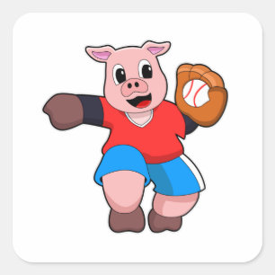 Pig at Baseball with Baseball glove Square Sticker