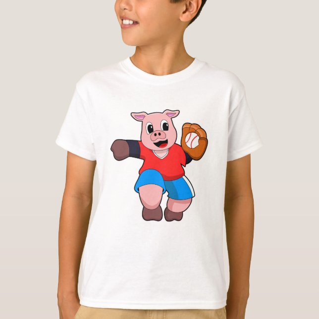 Pig at Baseball with Baseball glove T-Shirt (Front)