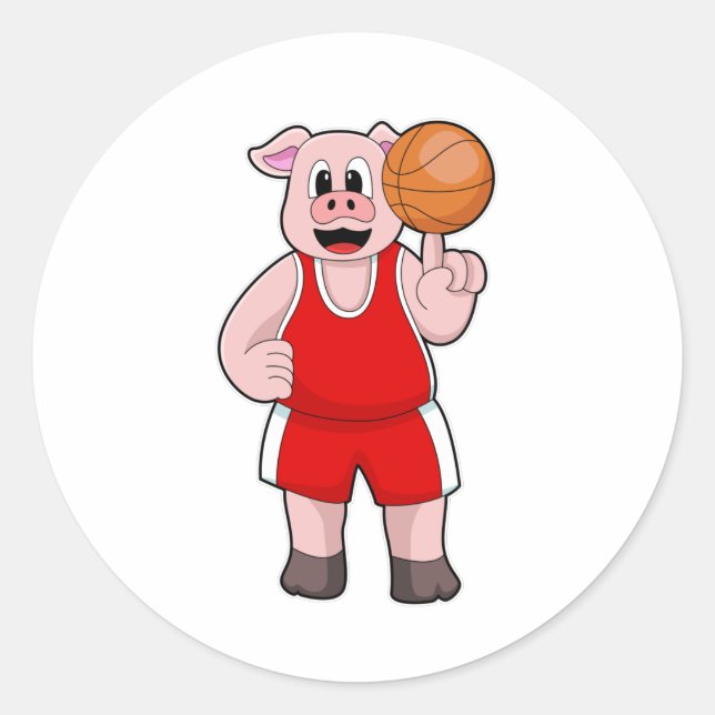 Pig at Basketball Sports Classic Round Sticker (Front)