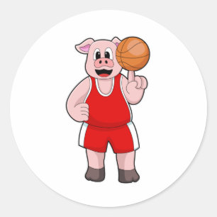 Pig at Basketball Sports Classic Round Sticker