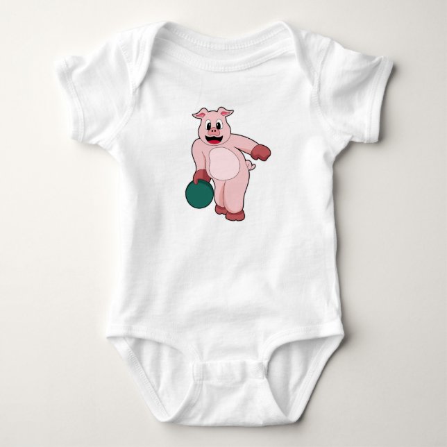 Pig at Bowling with Bowling ball Baby Bodysuit (Front)