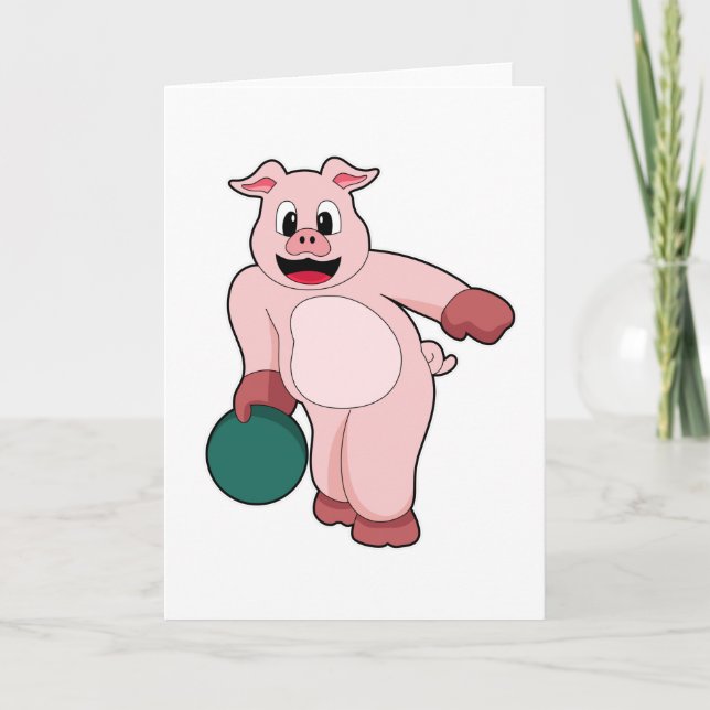 Pig at Bowling with Bowling ball Card (Front)