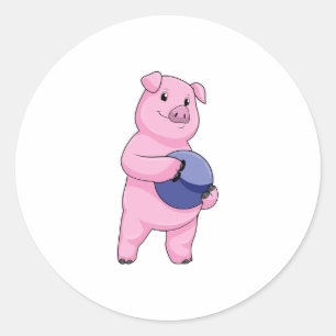 Pig at Bowling with Bowling ball Classic Round Sticker