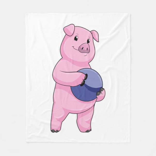 Pig at Bowling with Bowling ball Fleece Blanket (Front)