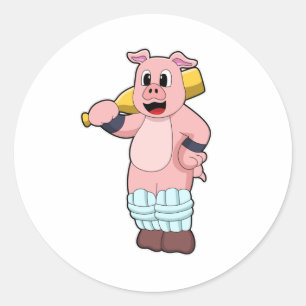 Pig at Cricket with Cricket bat Classic Round Sticker