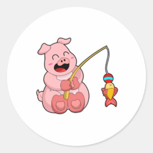 Pig at Fishing with Fish Classic Round Sticker
