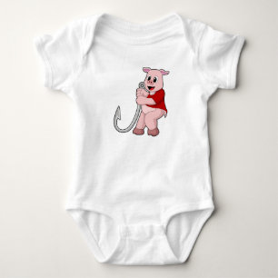 Pig at Fishing with Fish hook Baby Bodysuit