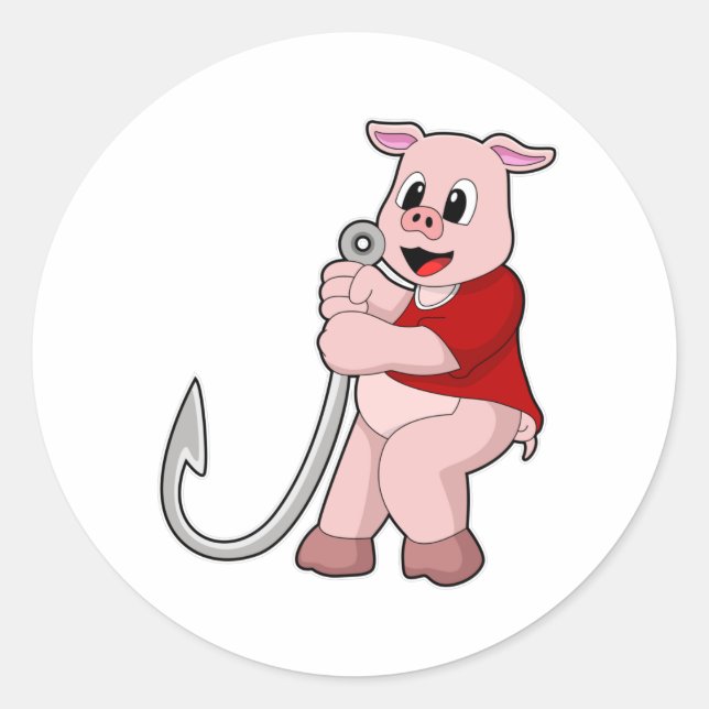 Pig at Fishing with Fish hook Classic Round Sticker (Front)