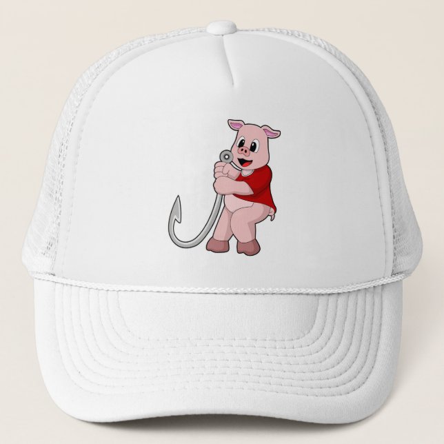 Pig at Fishing with Fish hook Trucker Hat (Front)
