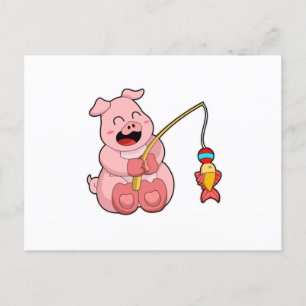 Pig at Fishing with Fish Postcard
