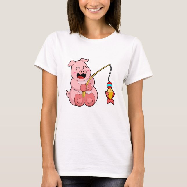 Pig at Fishing with Fish T-Shirt (Front)