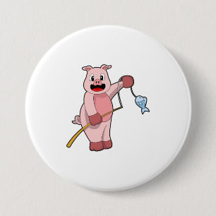Pig at Fishing with Fishing rod & Fish 7.5 Cm Round Badge