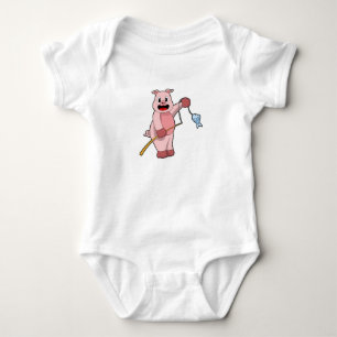 Pig at Fishing with Fishing rod & Fish Baby Bodysuit
