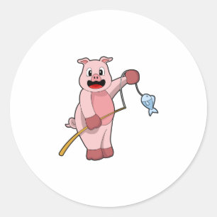 Pig at Fishing with Fishing rod & Fish Classic Round Sticker