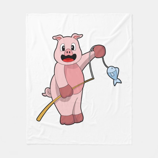 Pig at Fishing with Fishing rod & Fish Fleece Blanket (Front)