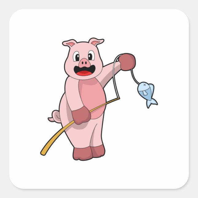 Pig at Fishing with Fishing rod & Fish Square Sticker (Front)