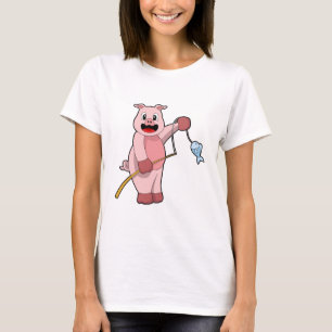Pig at Fishing with Fishing rod & Fish T-Shirt